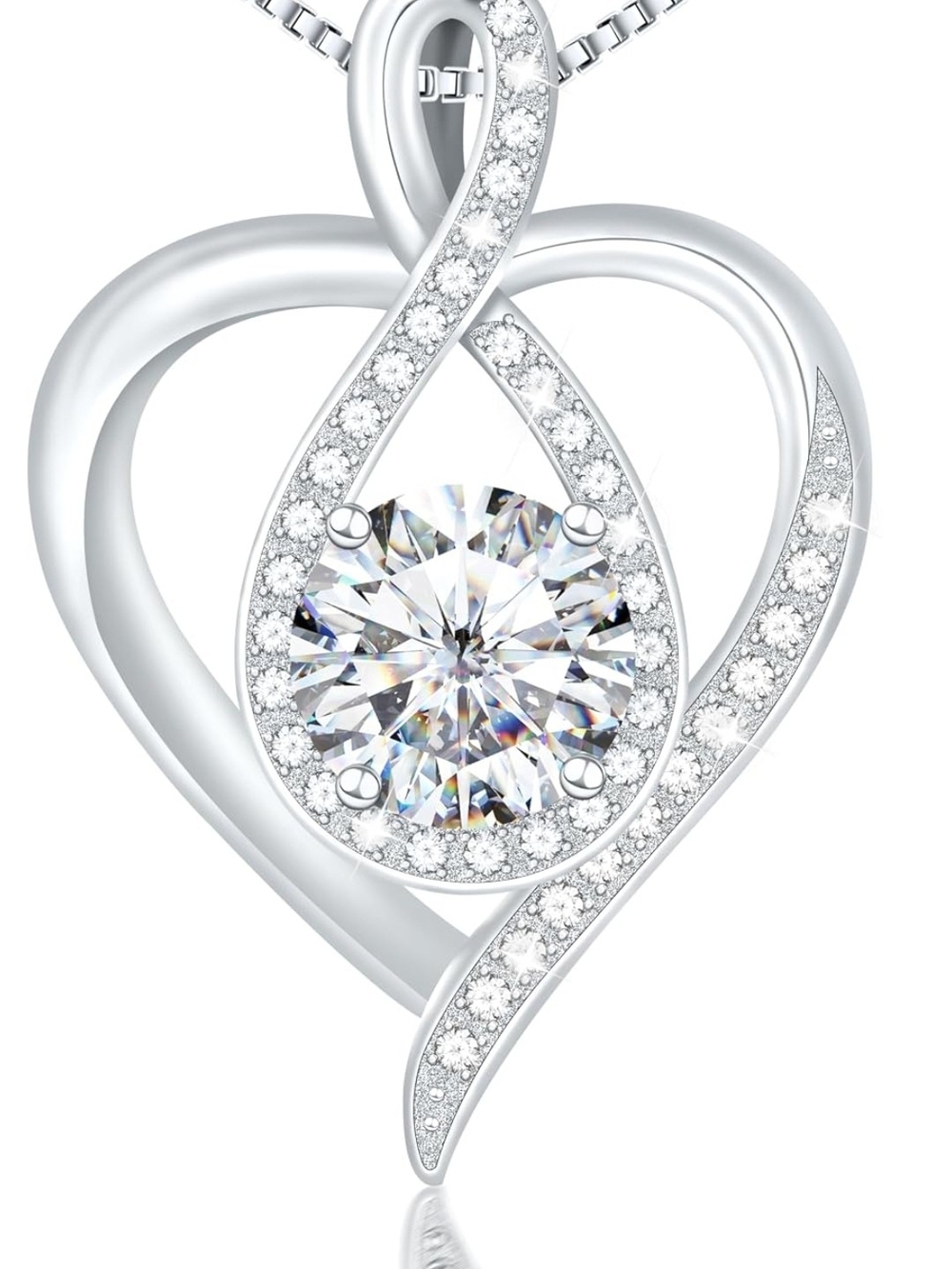 Silver Heart Infinity Pendant Necklace with White Crystal